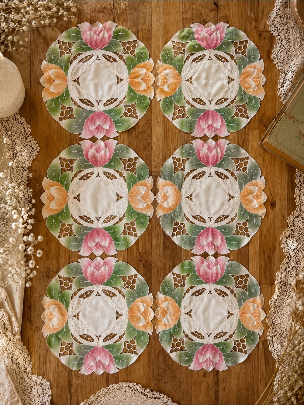 Vintage Set 6 Floral Embroidered Lace Doilies Placemats Pink Green Cottagecore